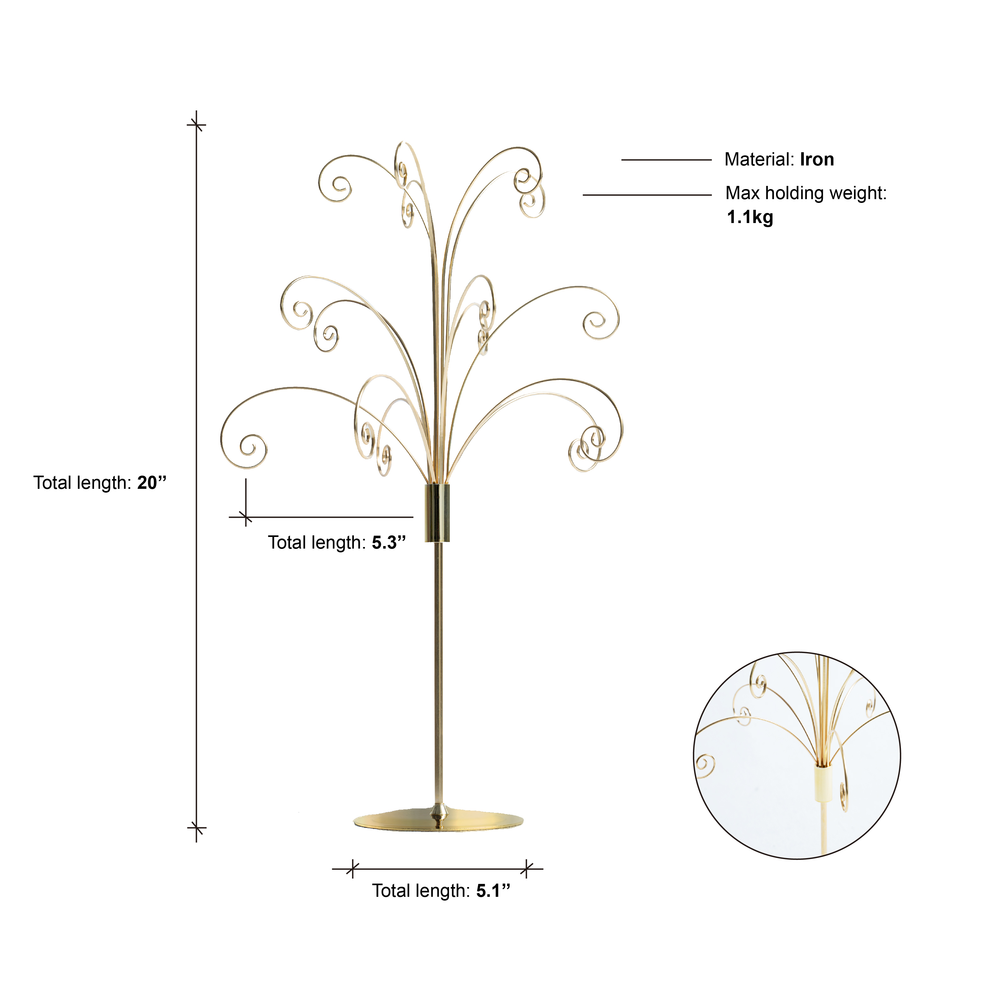 HOHIYA 20 Inch Tabletop Ornament Display Tree Metal Christmas Tree Stand for Desk and Mantel Small Jewelry Tower with Hooks Perfect Holiday Gift Brass Gold